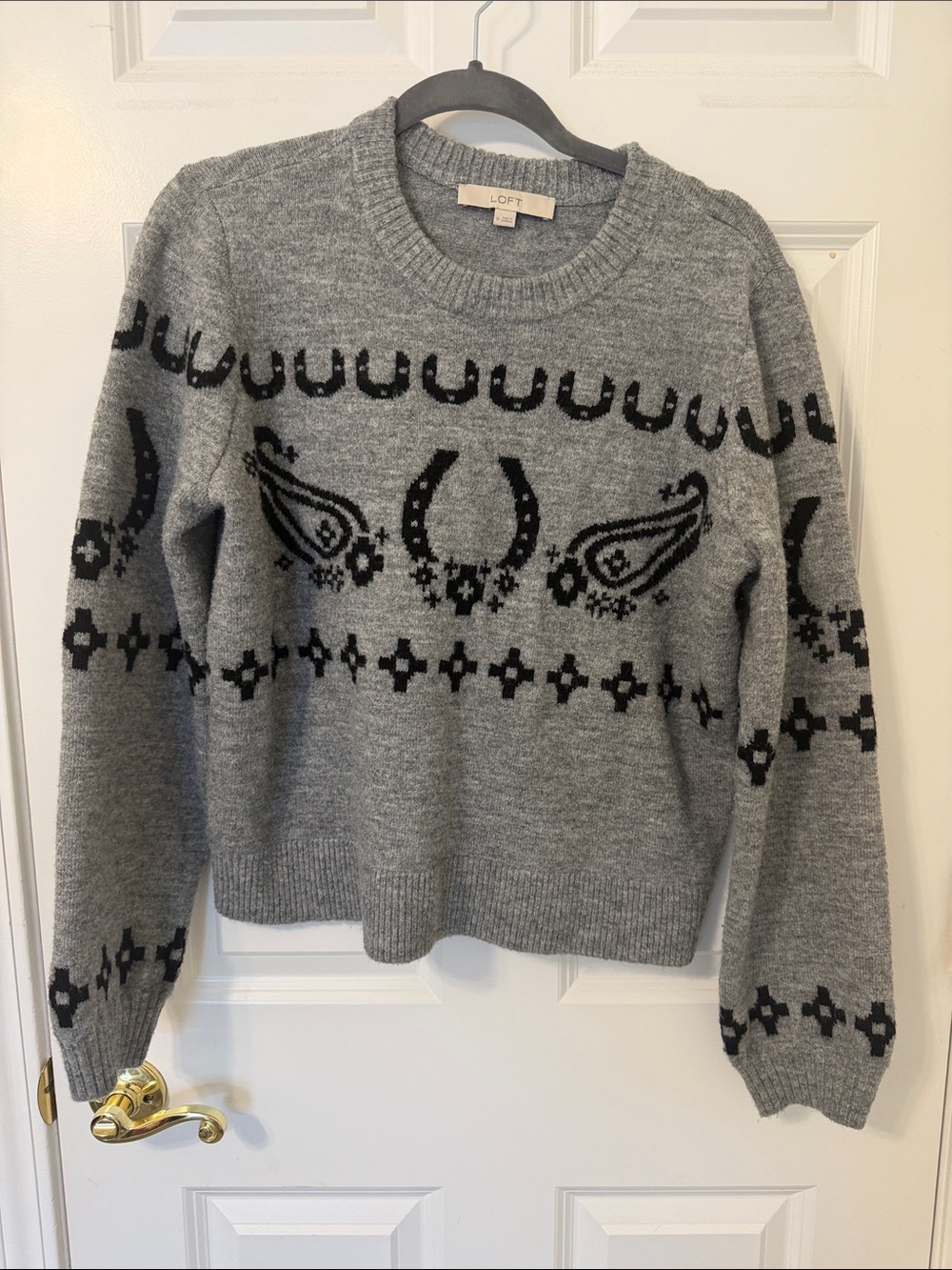 LOFT Gray Crewneck Sweater with Black Horseshoe Medium M